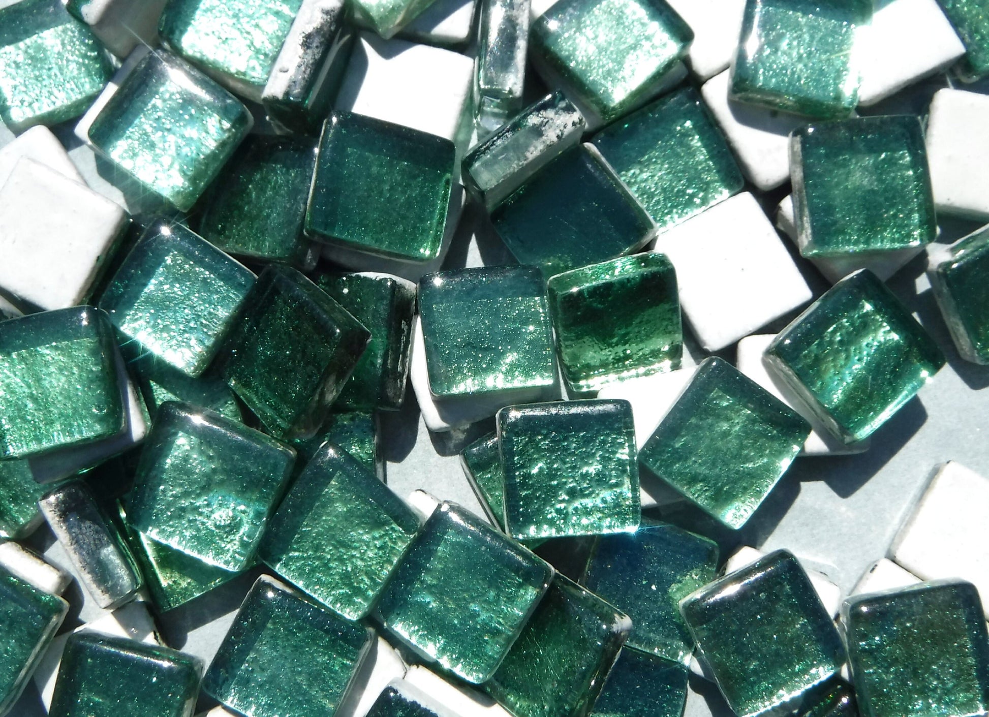 Deep Green Foil Square Crystal Tiles - 12mm - 50g Metallic Glass Tiles in Budding Green