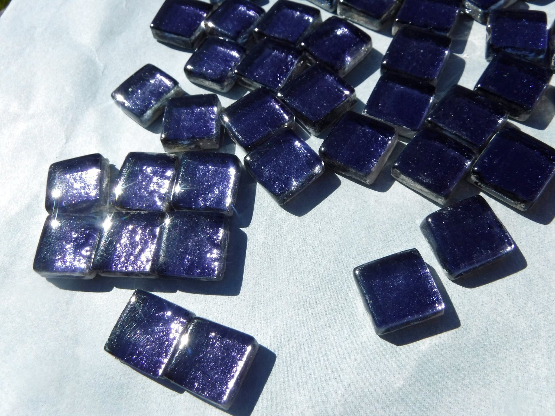 Darkest Indigo Foil Square Crystal Tiles - 12mm - 50g Anil Blue Metallic Glass Tiles