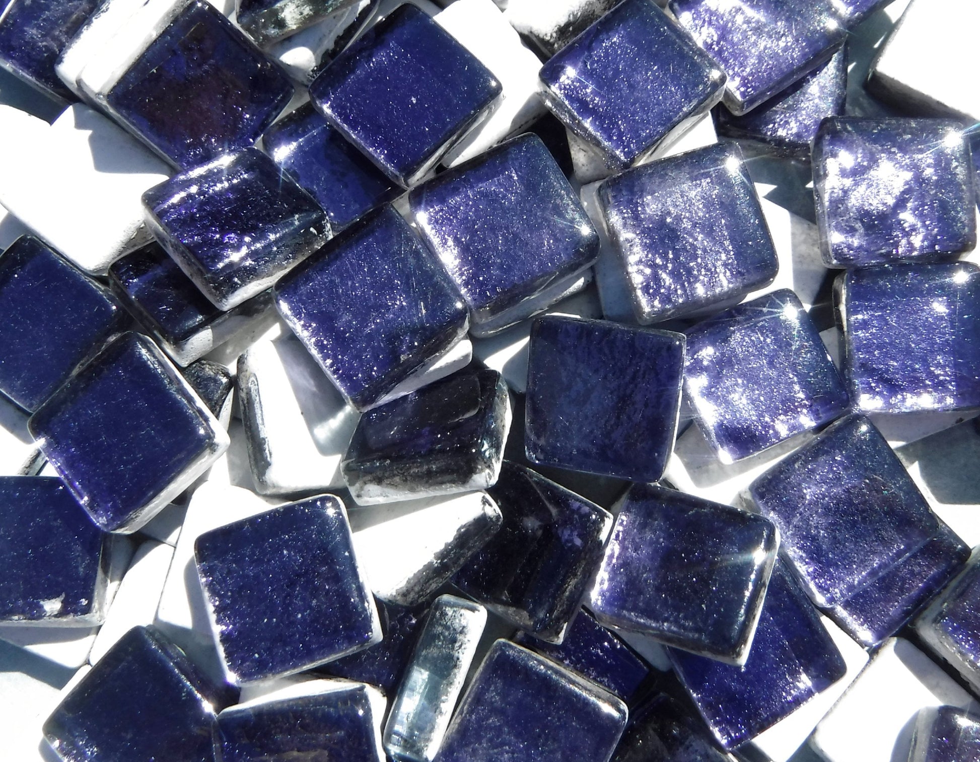 Darkest Indigo Foil Square Crystal Tiles - 12mm - 50g Anil Blue Metallic Glass Tiles