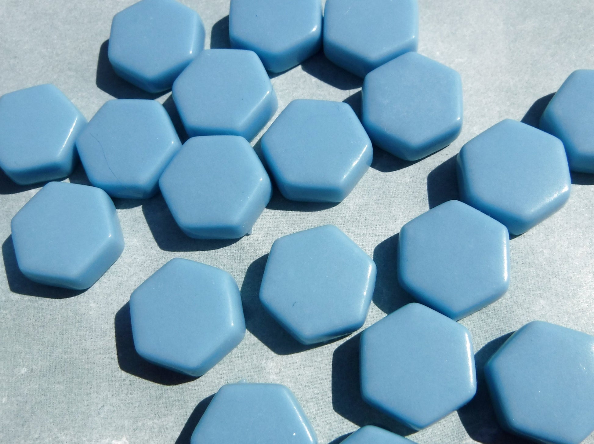 Light Blue Hexagon Mosaic Tiles - 15mm - 100g Opaque Glass Tiles in Hawaiian Blue