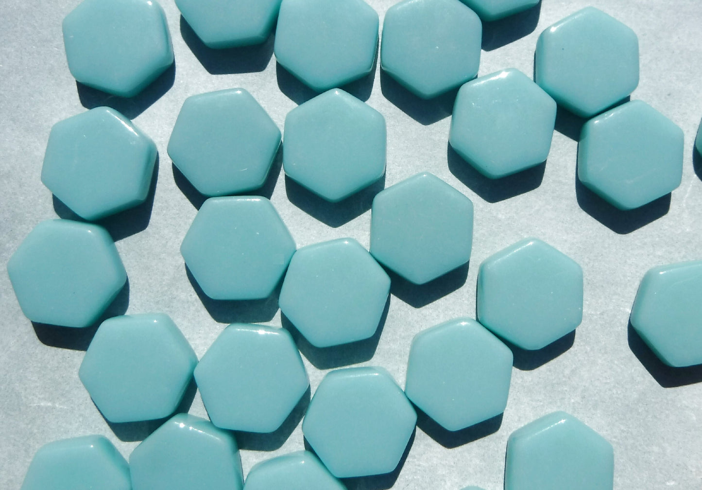 Light Teal Hexagon Mosaic Tiles - 15mm - 100g Opaque Glass - Approx 35 Tiles