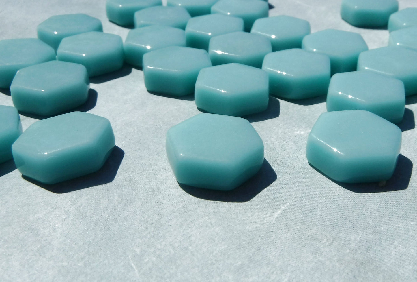 Light Teal Hexagon Mosaic Tiles - 15mm - 100g Opaque Glass - Approx 35 Tiles