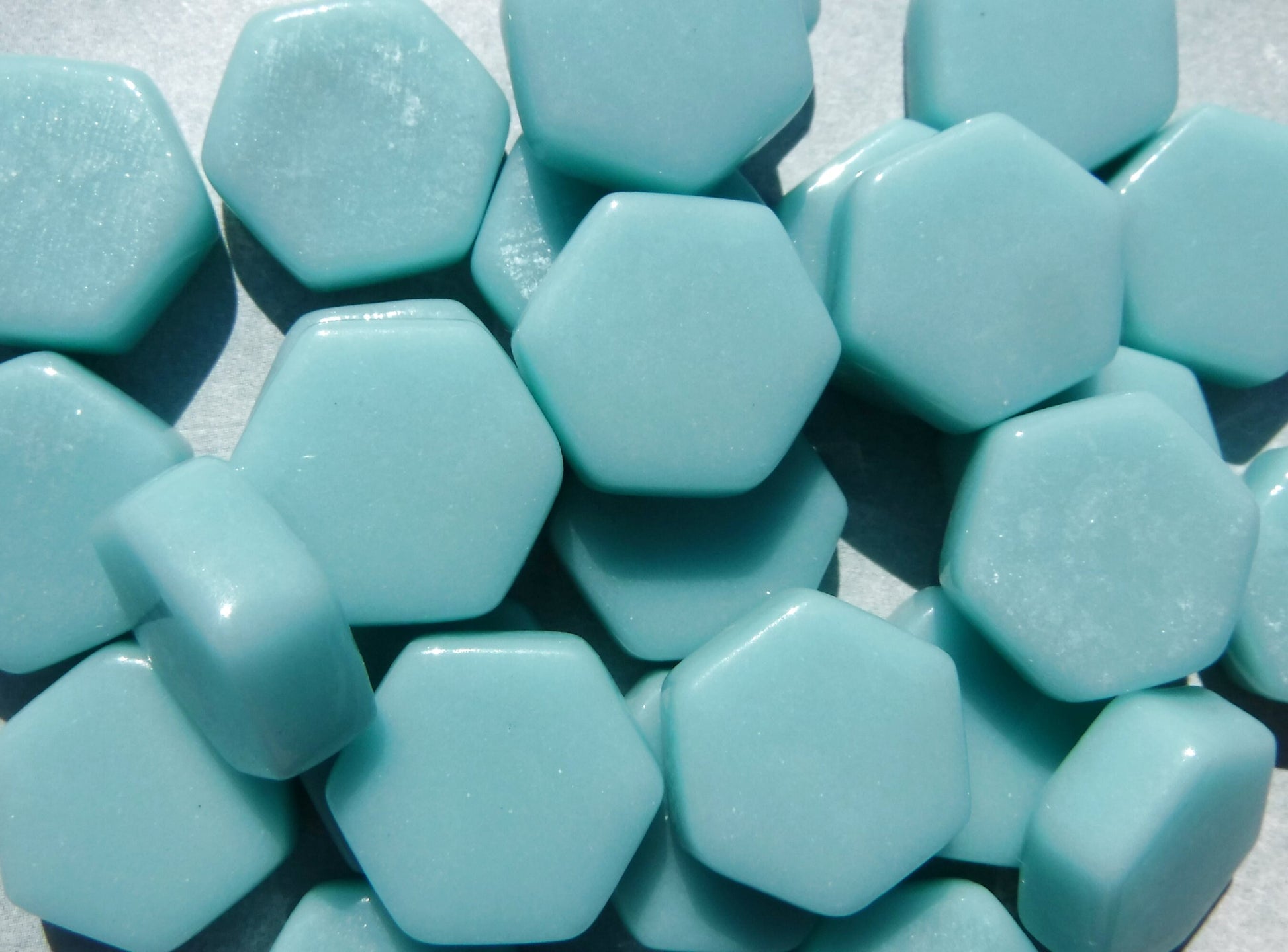 Light Teal Hexagon Mosaic Tiles - 15mm - 100g Opaque Glass - Approx 35 Tiles