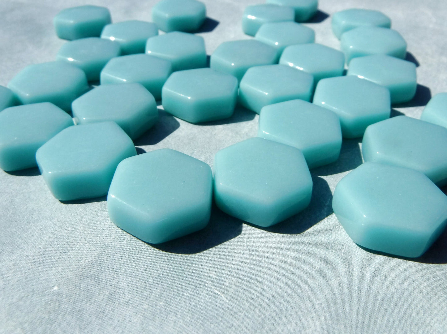 Light Teal Hexagon Mosaic Tiles - 15mm - 100g Opaque Glass - Approx 35 Tiles