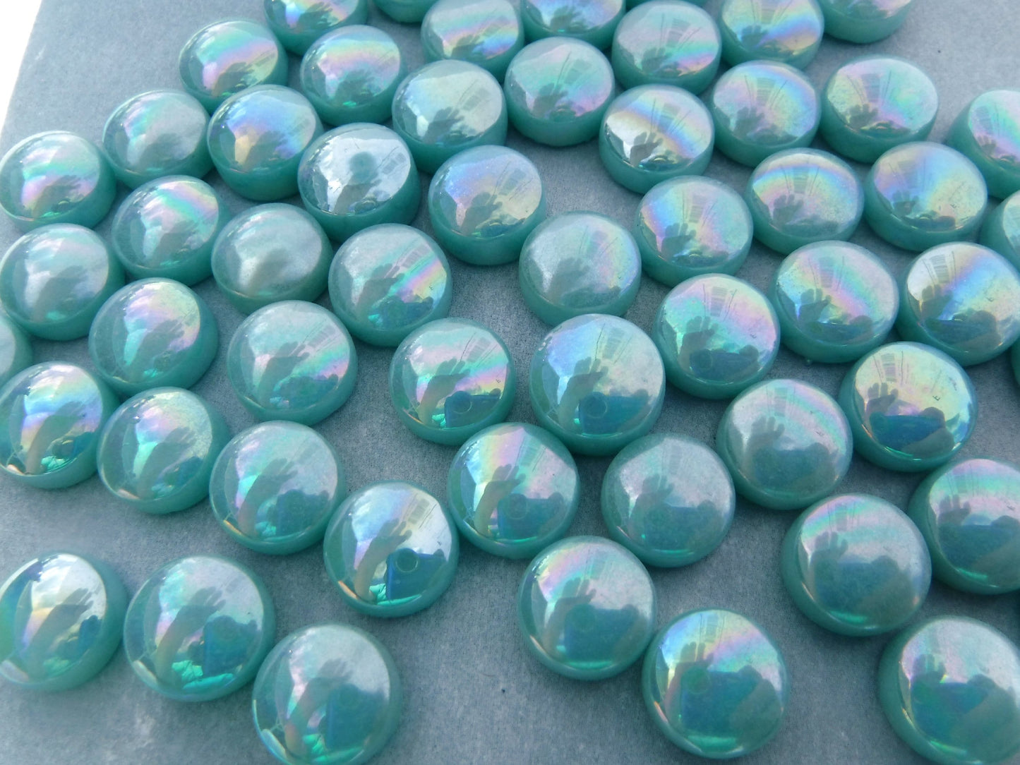 Light Teal Iridescent 12mm Glass Drops Mosaic Tiles - 100 grams