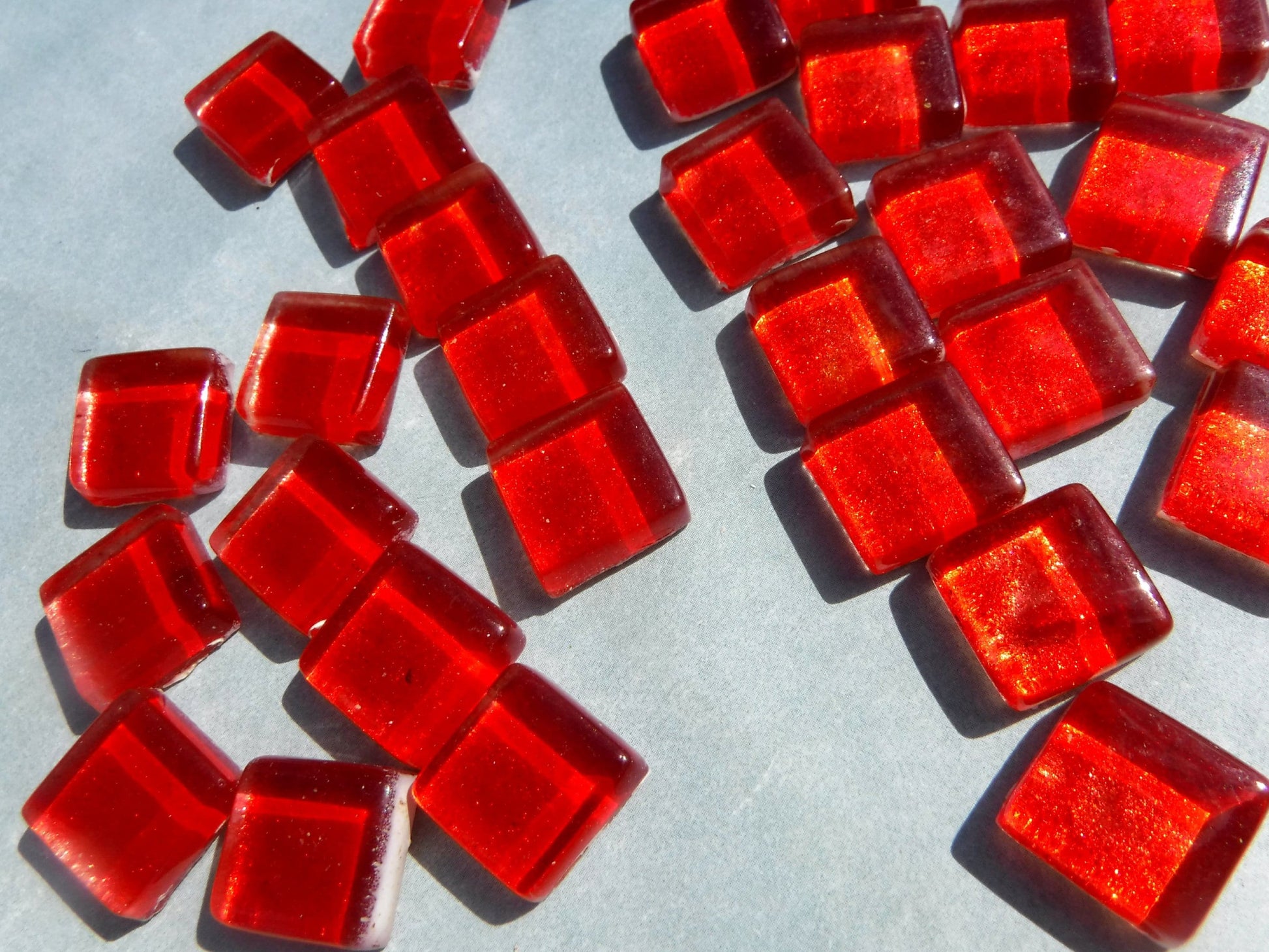 Shimmering Red Foil Square Crystal Tiles - 12mm - 50g Metallic Glass Tiles in Fire Engine Red