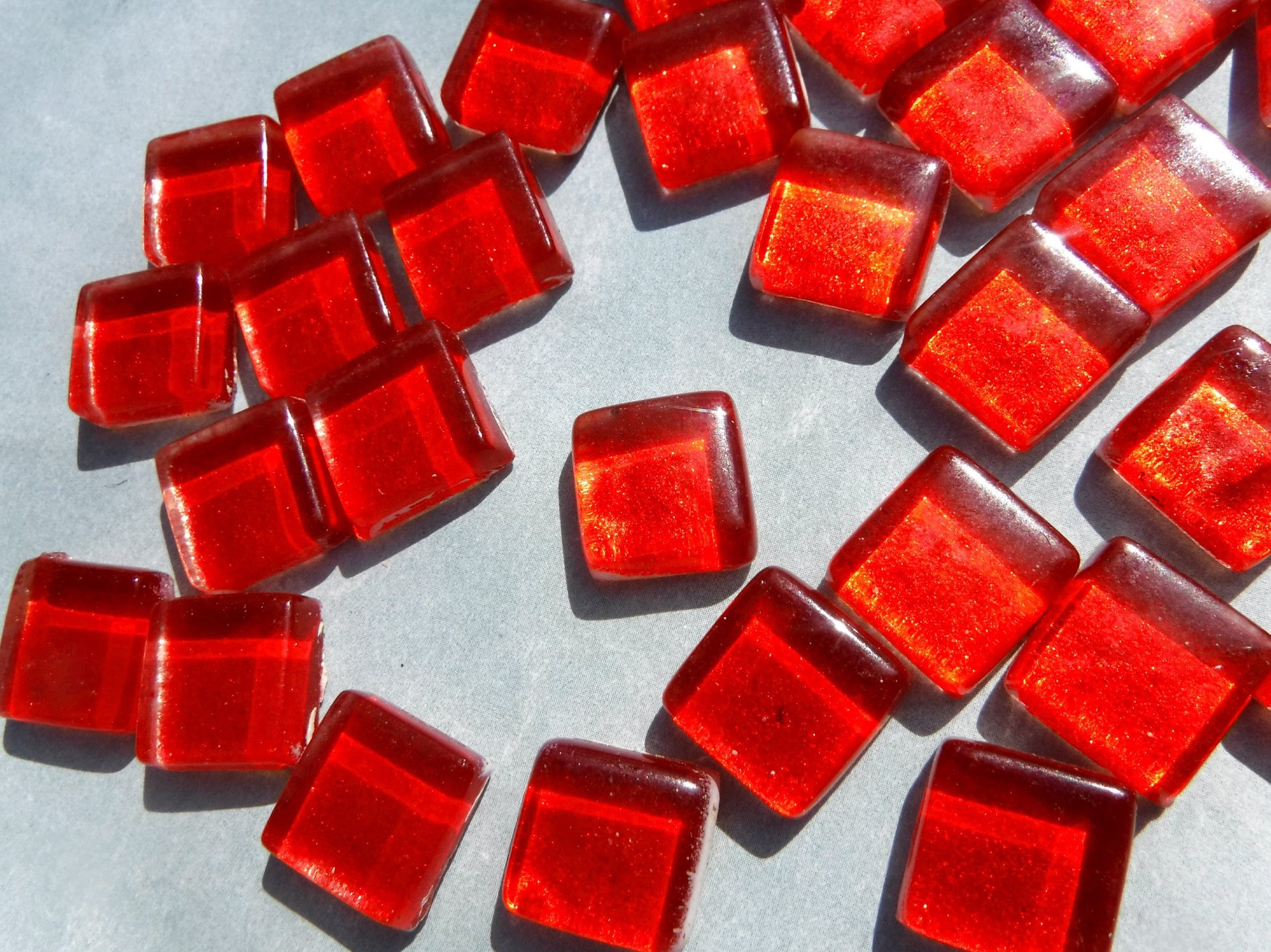 Shimmering Red Foil Square Crystal Tiles - 12mm - 50g Metallic Glass Tiles in Fire Engine Red