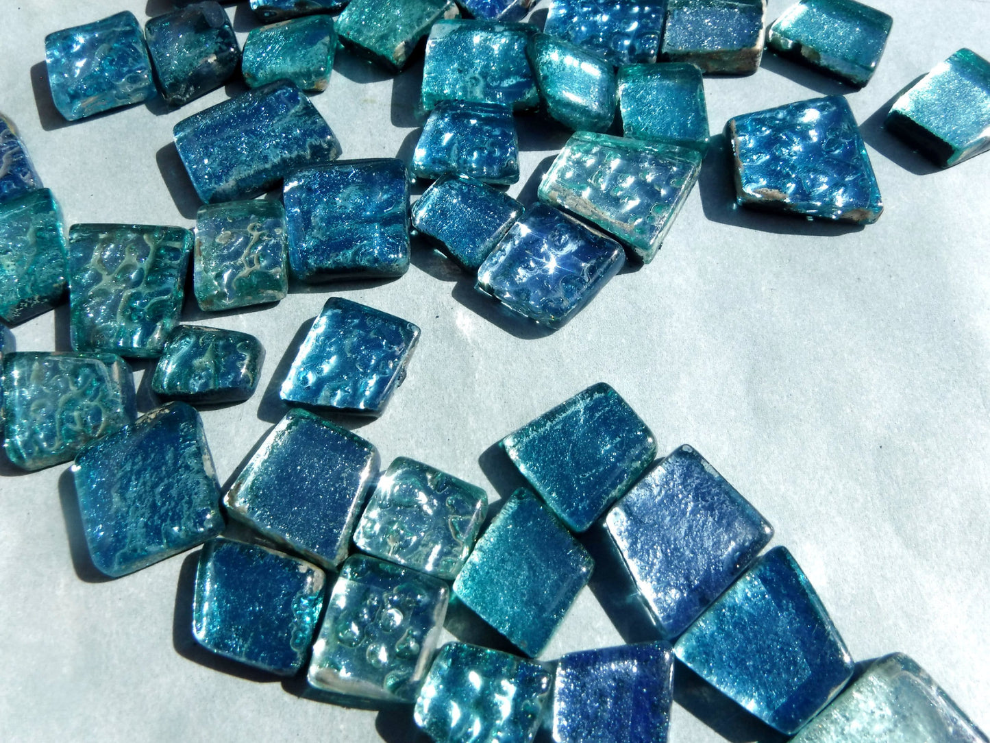 Waterfall Blues Glass Tiles - Metallic Foil - Assorted Shapes - 50 grams Mosaic Tiles - Naiad Aqua