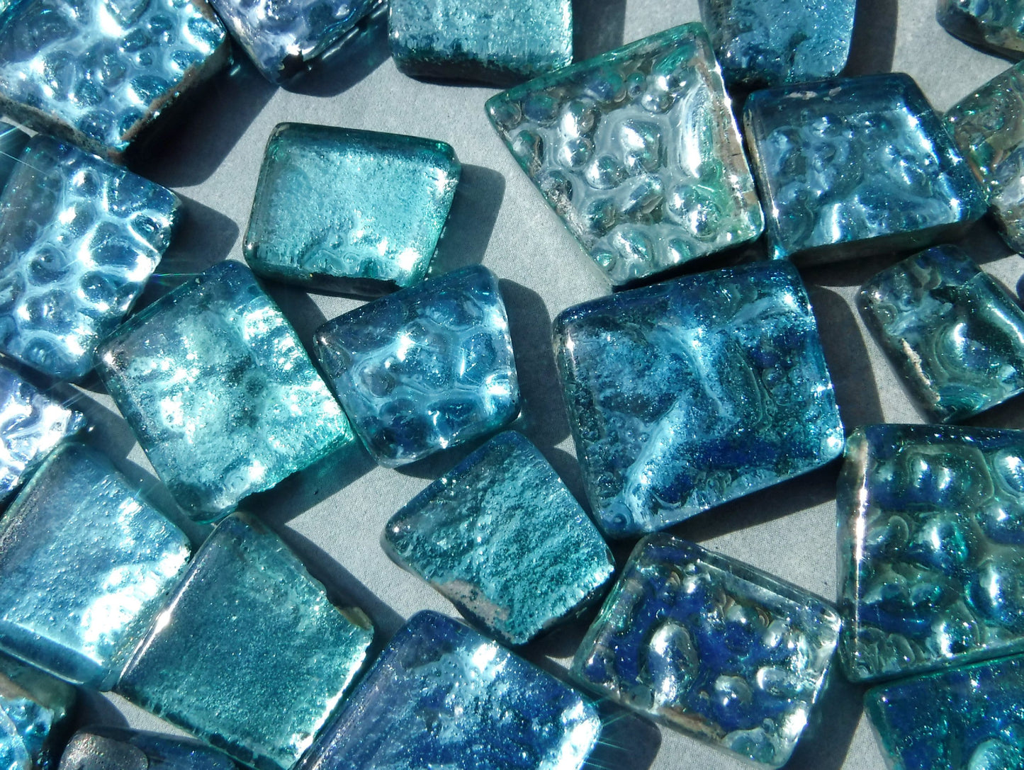 Waterfall Blues Glass Tiles - Metallic Foil - Assorted Shapes - 50 grams Mosaic Tiles - Naiad Aqua