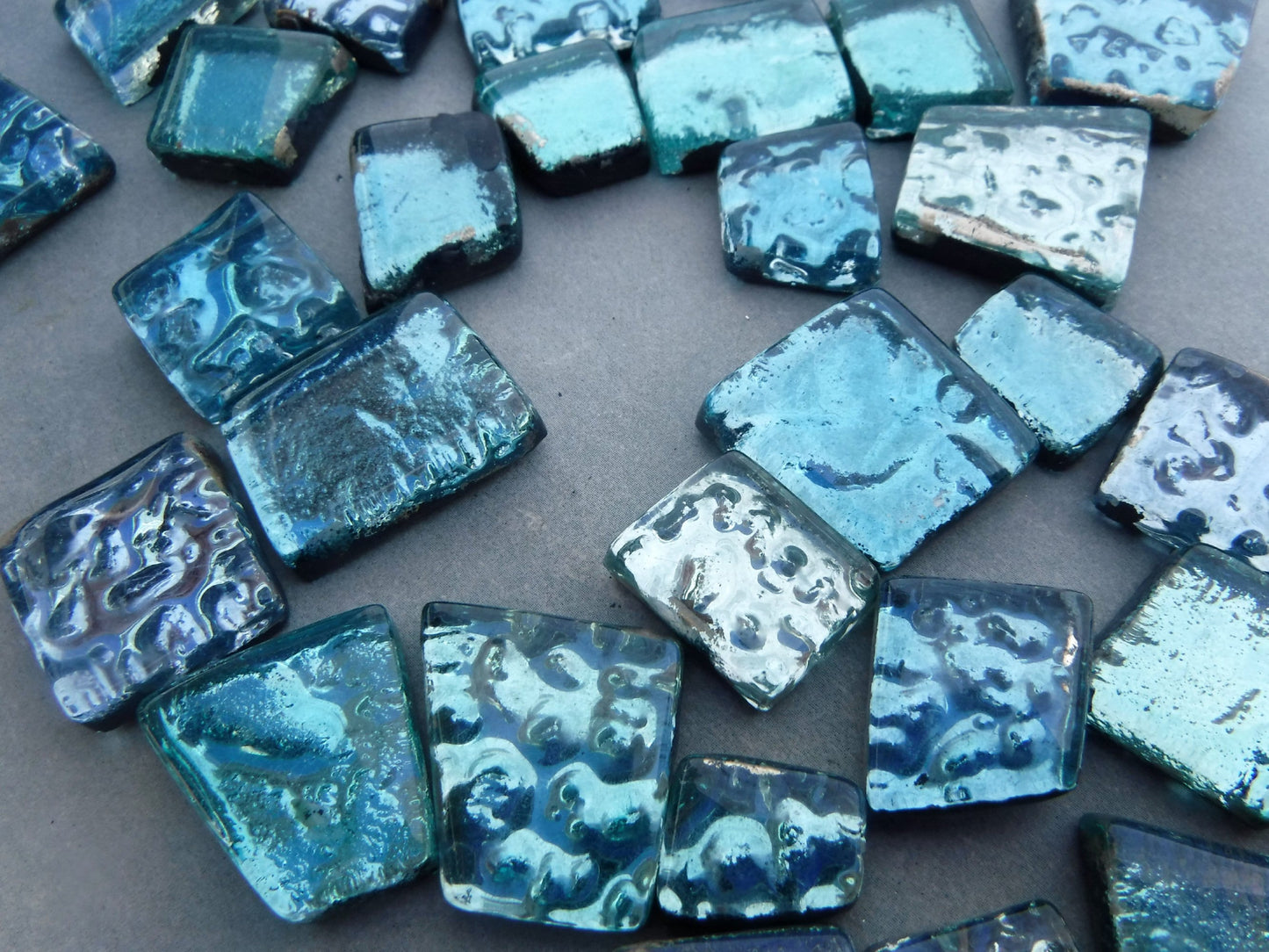 Waterfall Blues Glass Tiles - Metallic Foil - Assorted Shapes - 50 grams Mosaic Tiles - Naiad Aqua