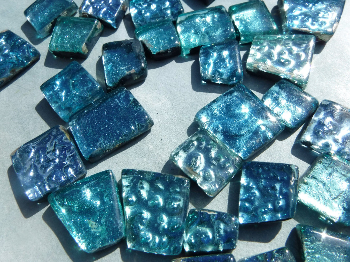 Waterfall Blues Glass Tiles - Metallic Foil - Assorted Shapes - 50 grams Mosaic Tiles - Naiad Aqua