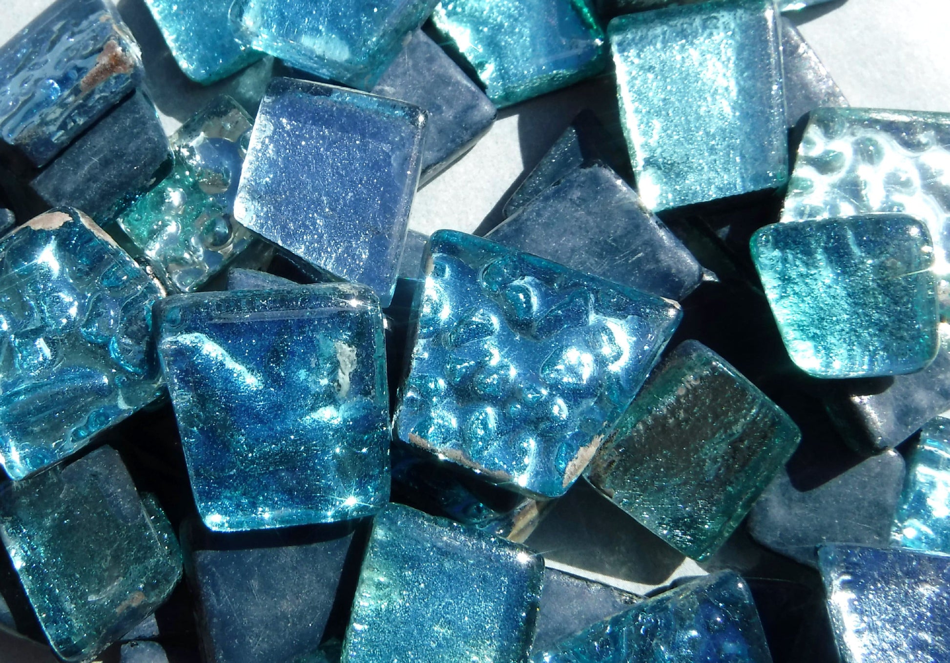 Waterfall Blues Glass Tiles - Metallic Foil - Assorted Shapes - 50 grams Mosaic Tiles - Naiad Aqua