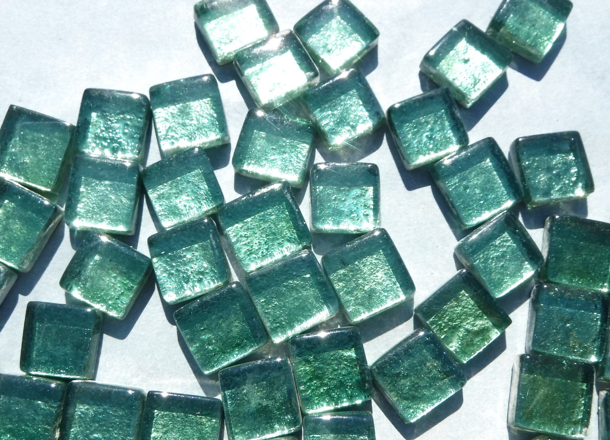 Deep Green Foil Square Crystal Tiles - 12mm - 50g Metallic Glass Tiles in Budding Green