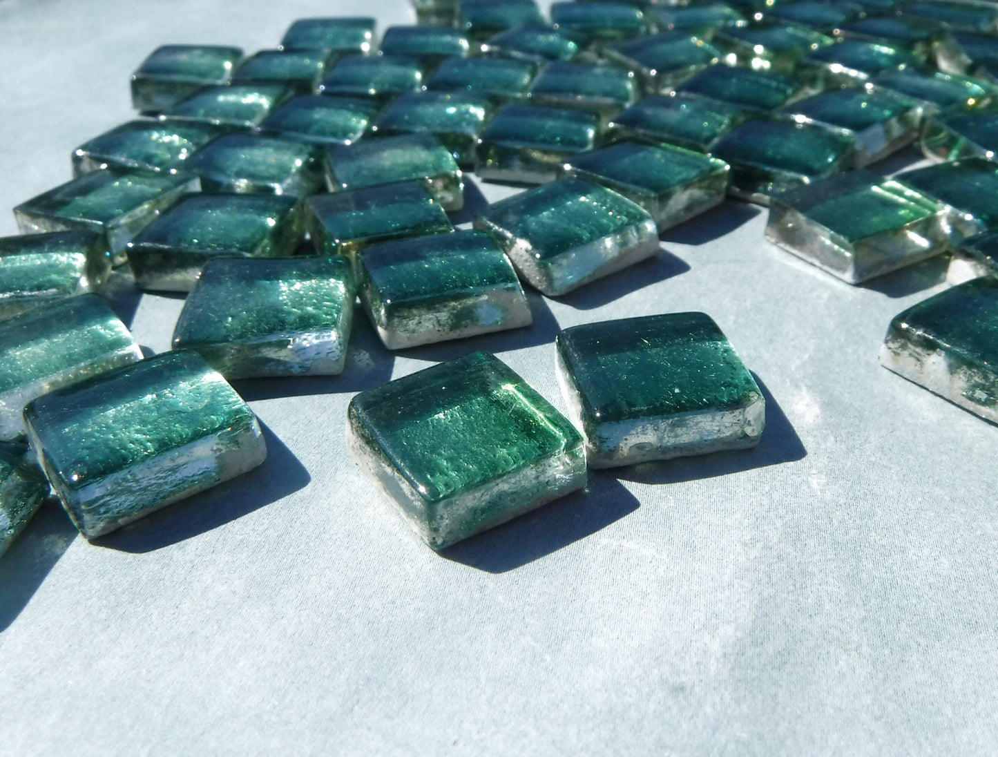 Deep Green Foil Square Crystal Tiles - 12mm - 50g Metallic Glass Tiles in Budding Green