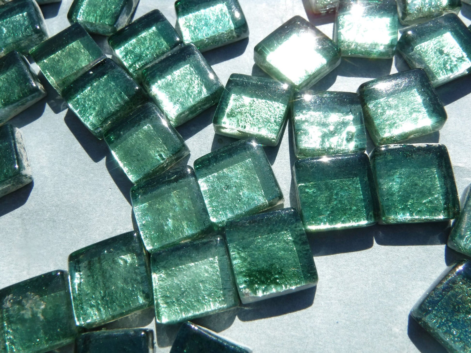 Deep Green Foil Square Crystal Tiles - 12mm - 50g Metallic Glass Tiles in Budding Green