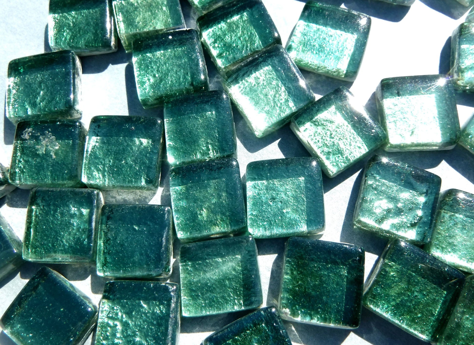 Deep Green Foil Square Crystal Tiles - 12mm - 50g Metallic Glass Tiles in Budding Green