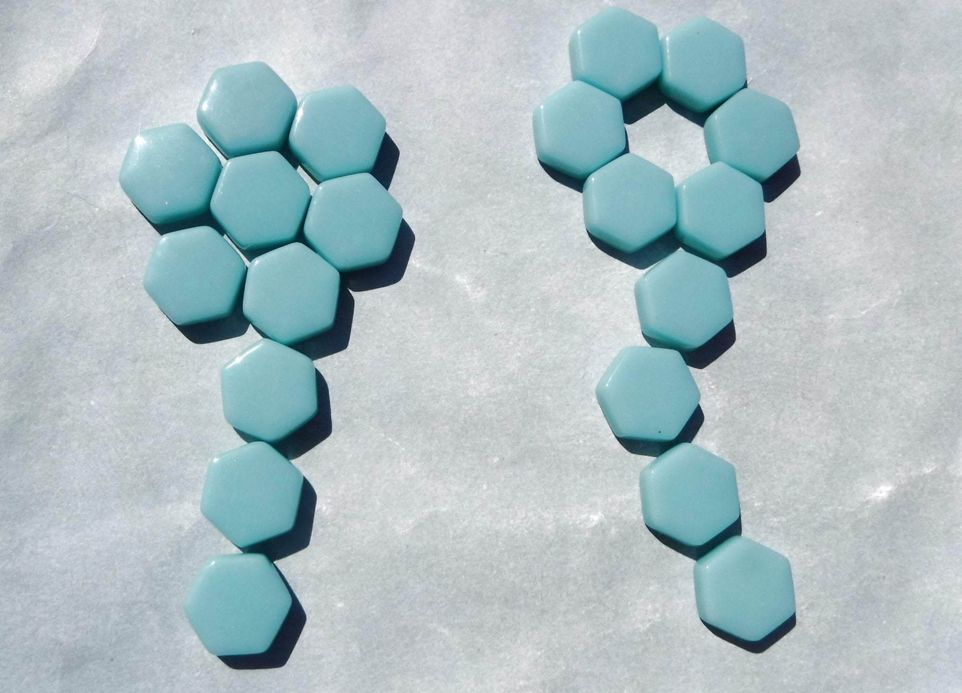 Light Teal Hexagon Mosaic Tiles - 15mm - 100g Opaque Glass - Approx 35 Tiles