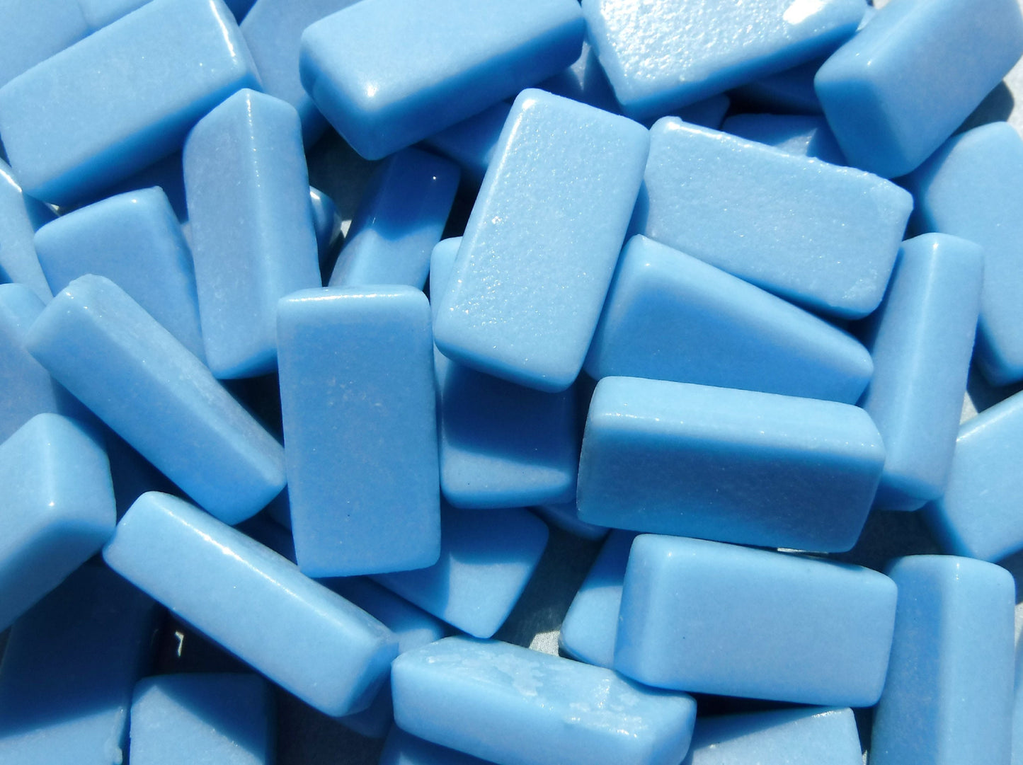 Light Blue Rectangle Mosaic Tiles - 20mm - 100g Opaque Glass Bar Tiles in Hawaiian Blue - Approx 35 Tiles