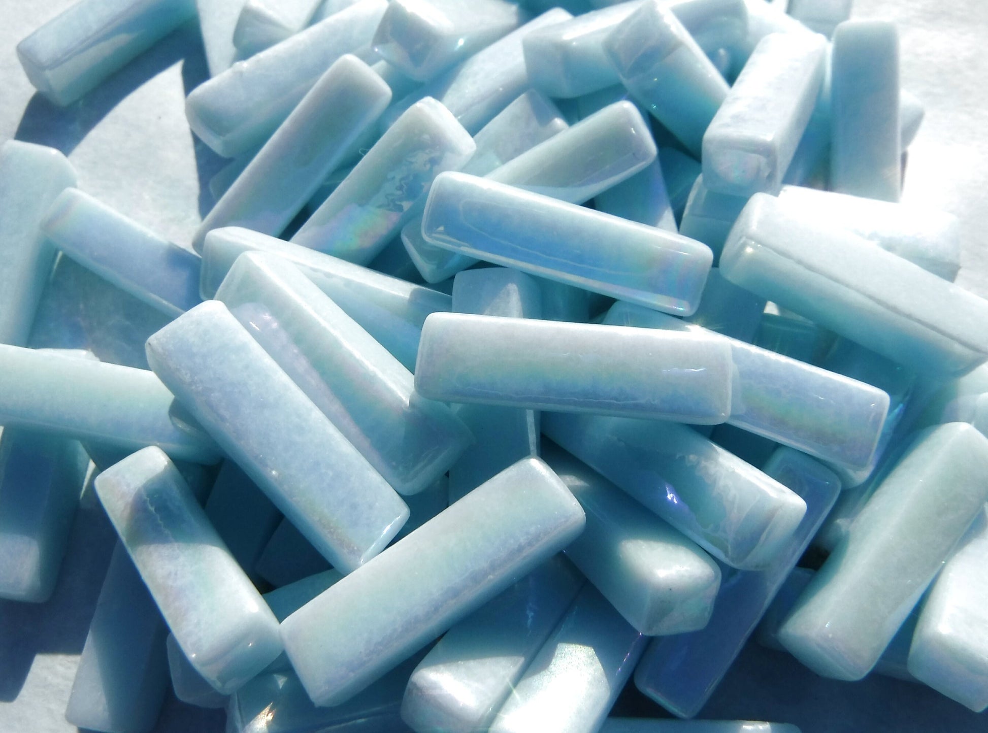 Aqua Blue Iridescent Rectangle Mosaic Tiles - 20mm Sticks - 50g Glass Bar Tiles - Approx 40 Tiles