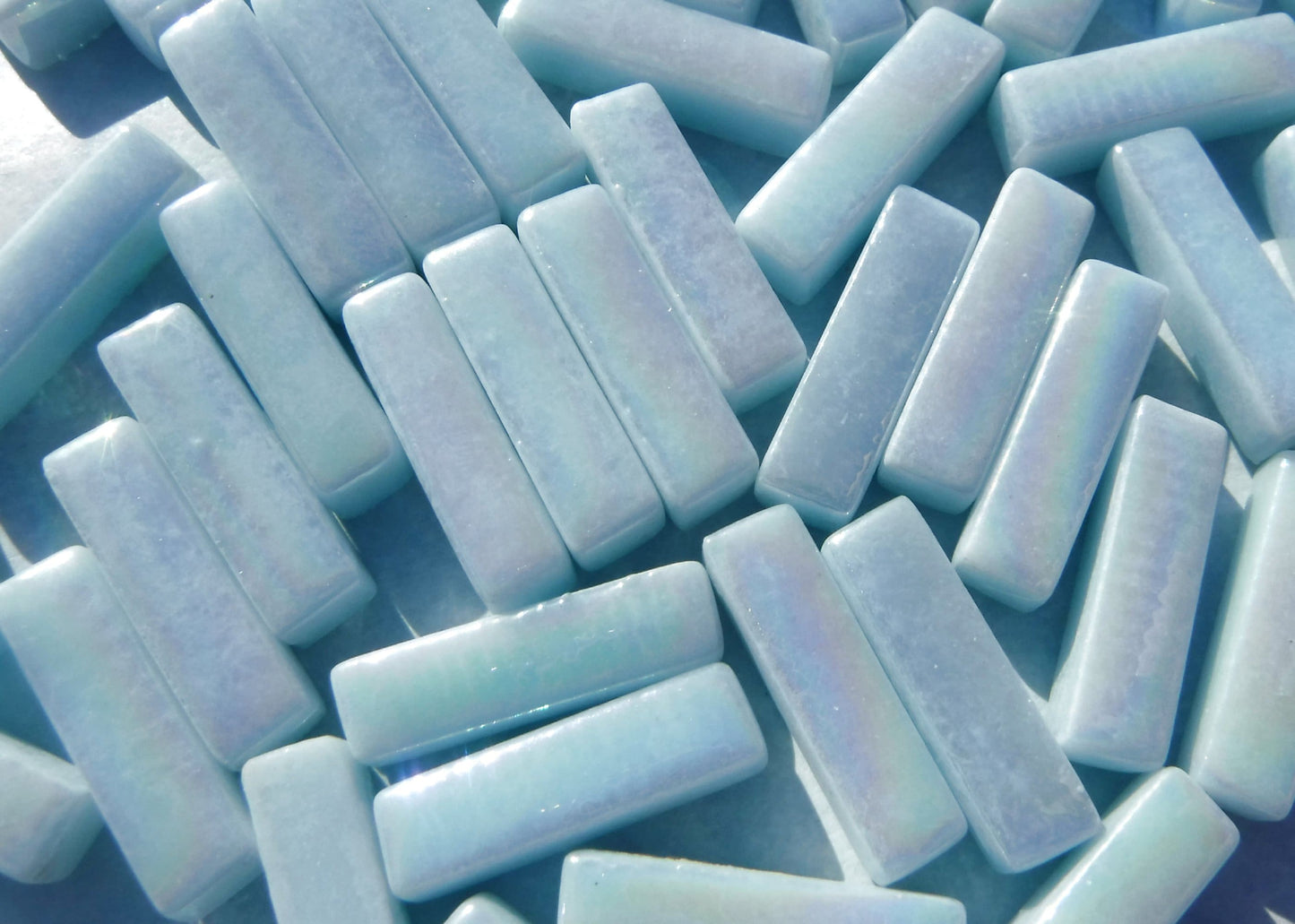 Aqua Blue Iridescent Rectangle Mosaic Tiles - 20mm Sticks - 50g Glass Bar Tiles - Approx 40 Tiles