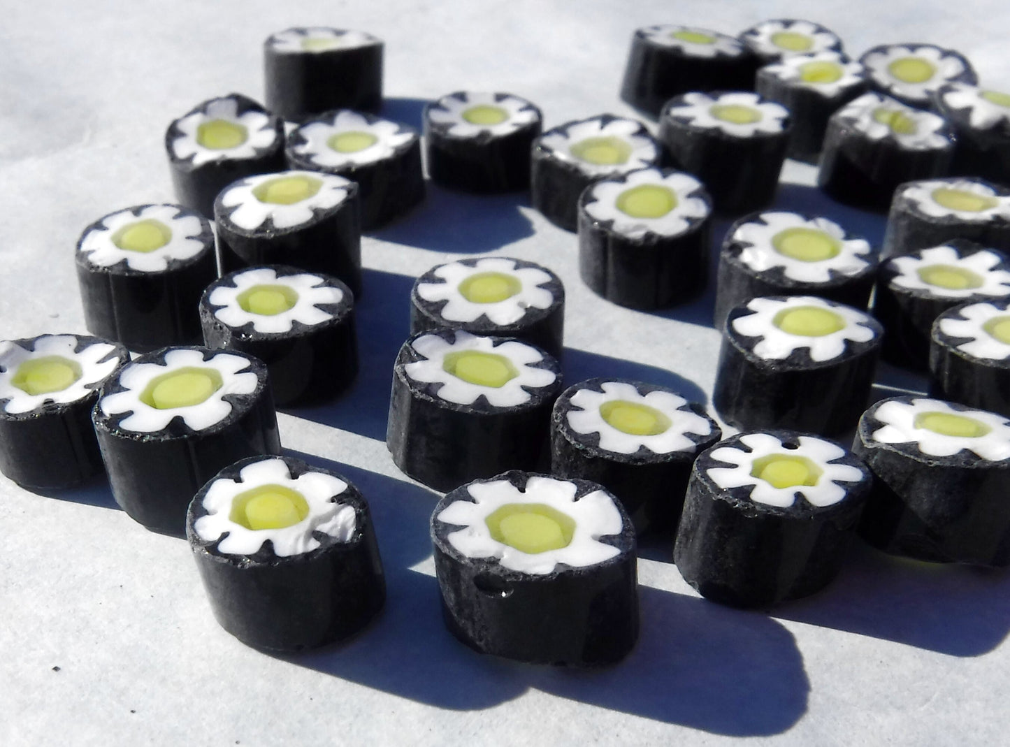 White Daisy in Black Millefiori - 25 grams - Unique Mosaic Glass Tiles - Floral Pattern