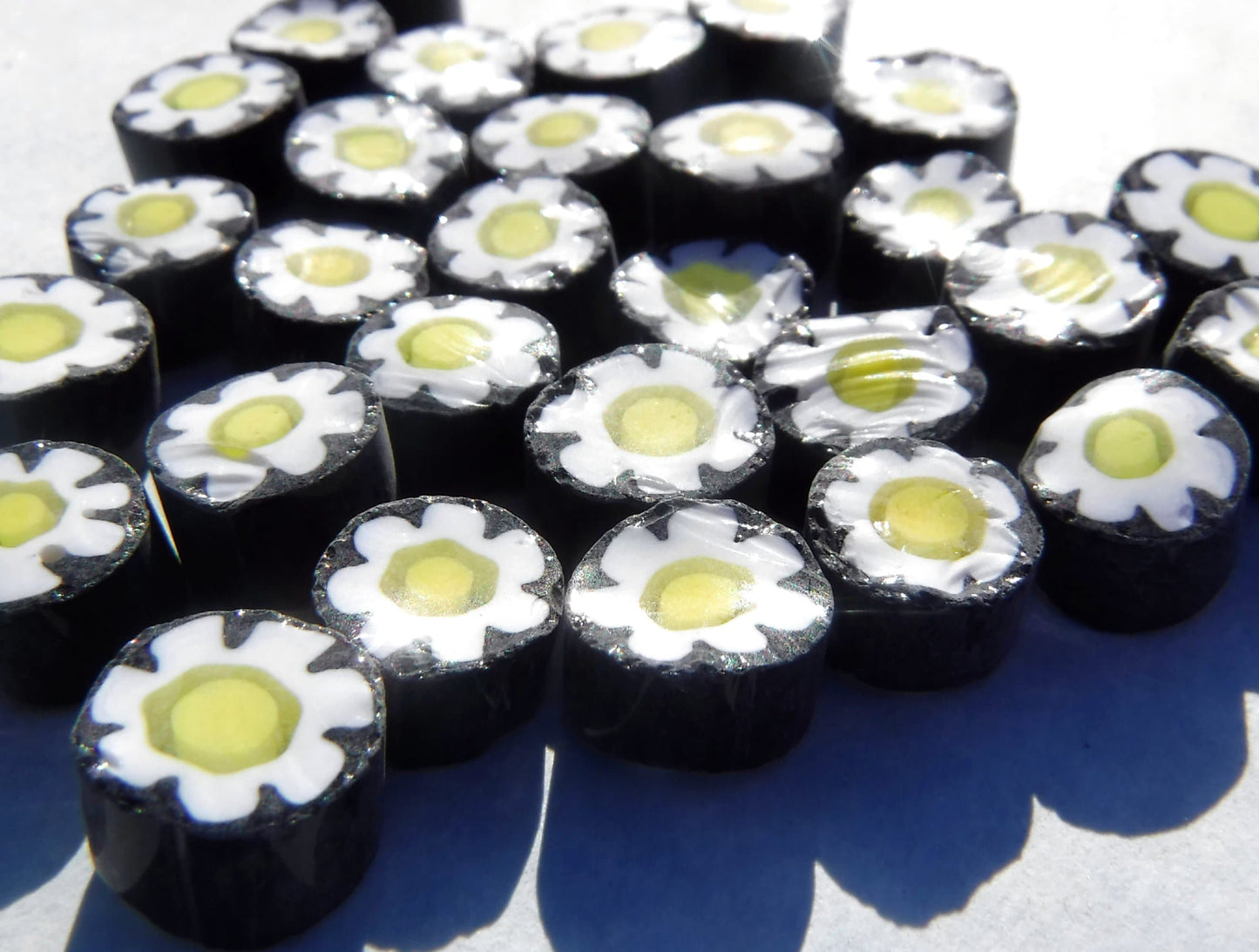 White Daisy in Black Millefiori - 25 grams - Unique Mosaic Glass Tiles - Floral Pattern