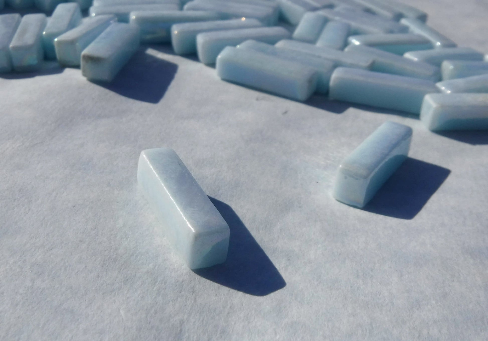 Aqua Blue Iridescent Rectangle Mosaic Tiles - 20mm Sticks - 50g Glass Bar Tiles - Approx 40 Tiles