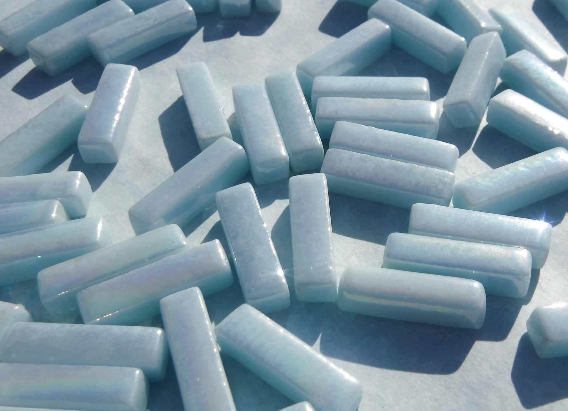 Aqua Blue Iridescent Rectangle Mosaic Tiles - 20mm Sticks - 50g Glass Bar Tiles - Approx 40 Tiles