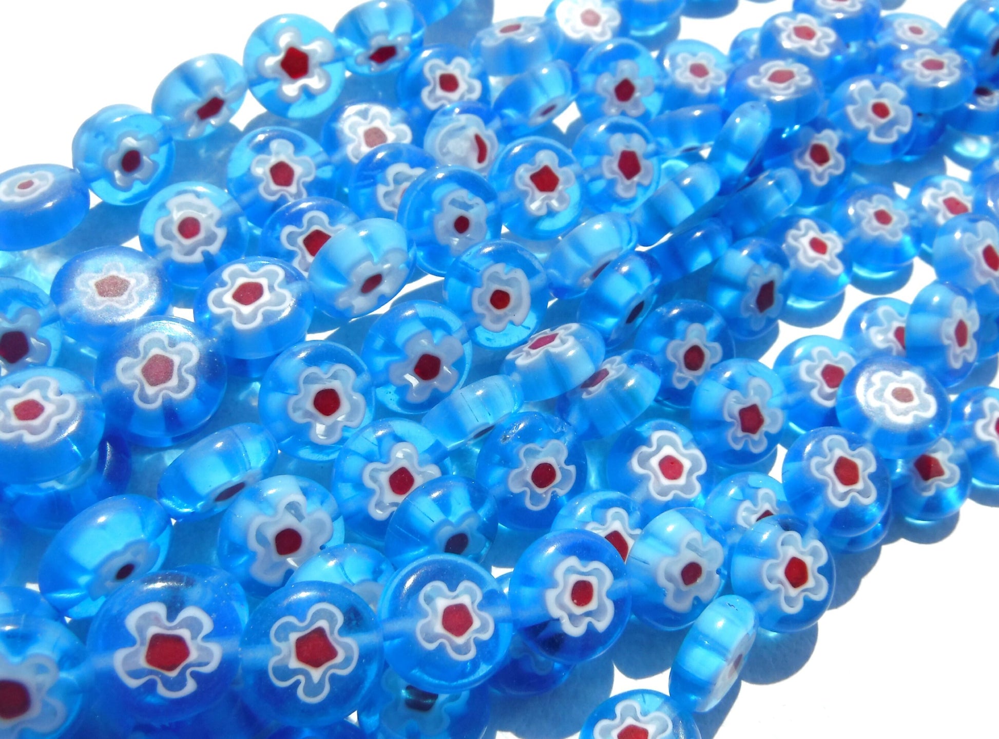 Blue and Red Millefiori Glass Beads - 10mm - Use in Mosaics - Supplies to Create Jewelry - White Flowers