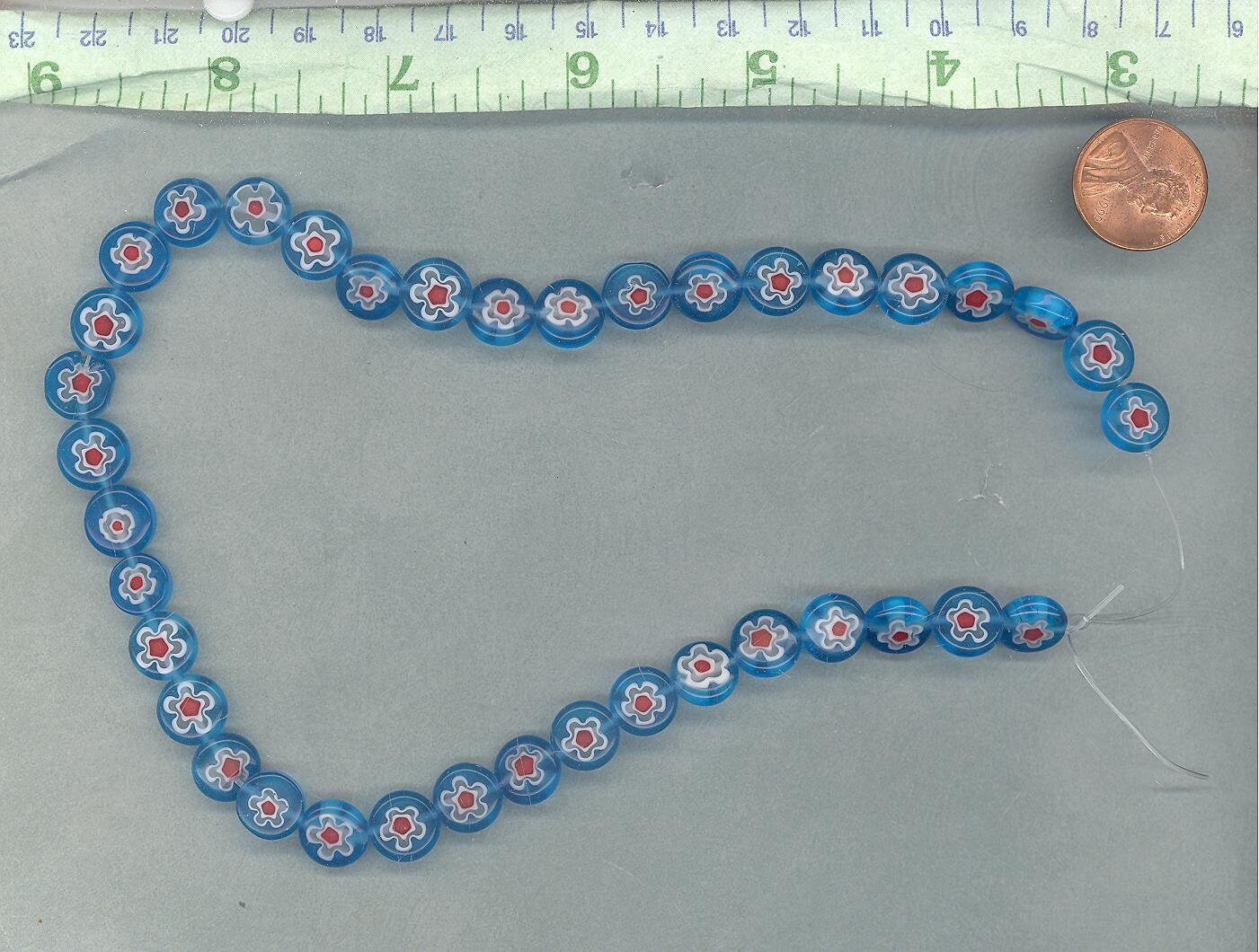 Blue and Red Millefiori Glass Beads - 10mm - Use in Mosaics - Supplies to Create Jewelry - White Flowers