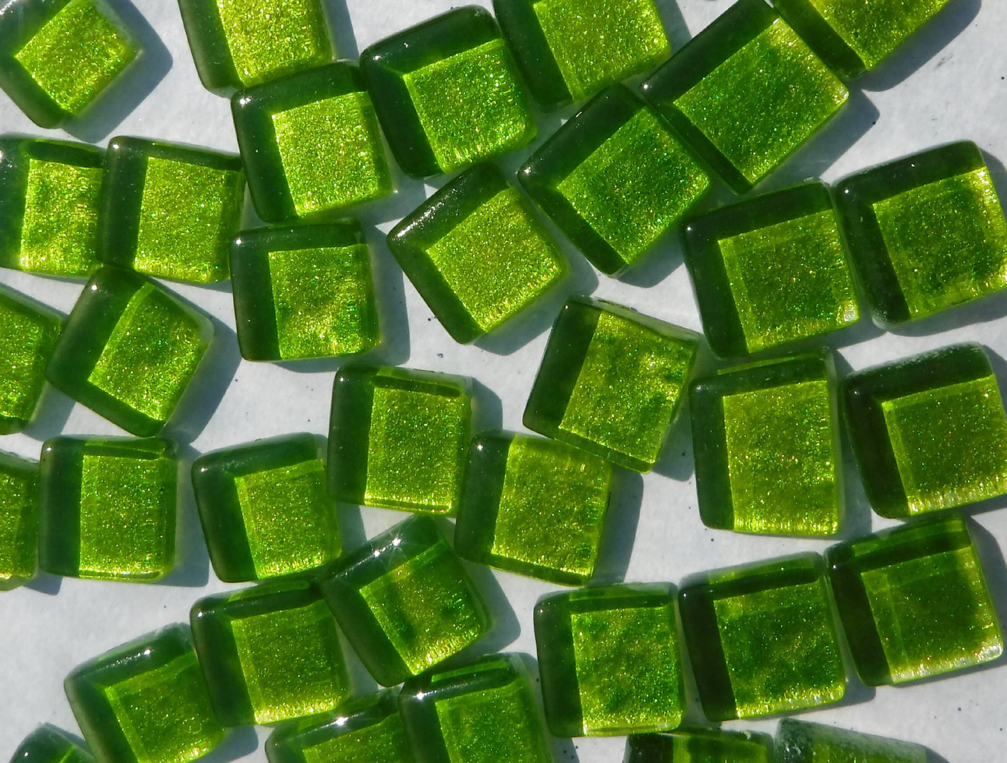 Tropical Lime Green Foil Square Crystal Tiles - 12mm - 50g - Approx 25 Metallic Glass Mosaic Tiles