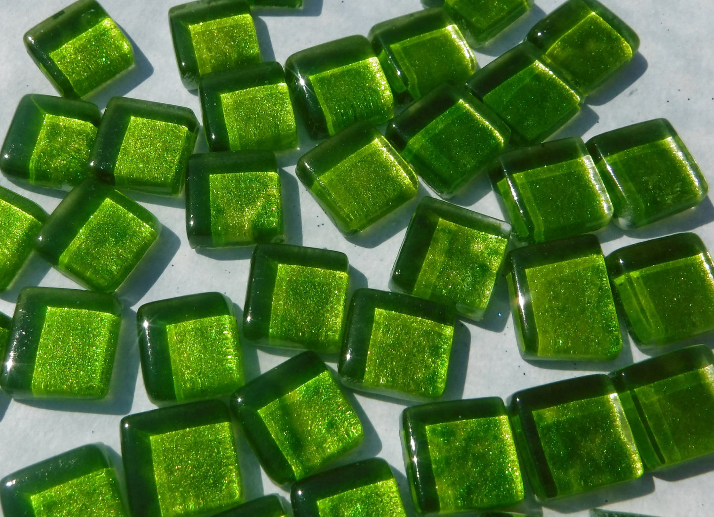 Tropical Lime Green Foil Square Crystal Tiles - 12mm - 50g - Approx 25 Metallic Glass Mosaic Tiles