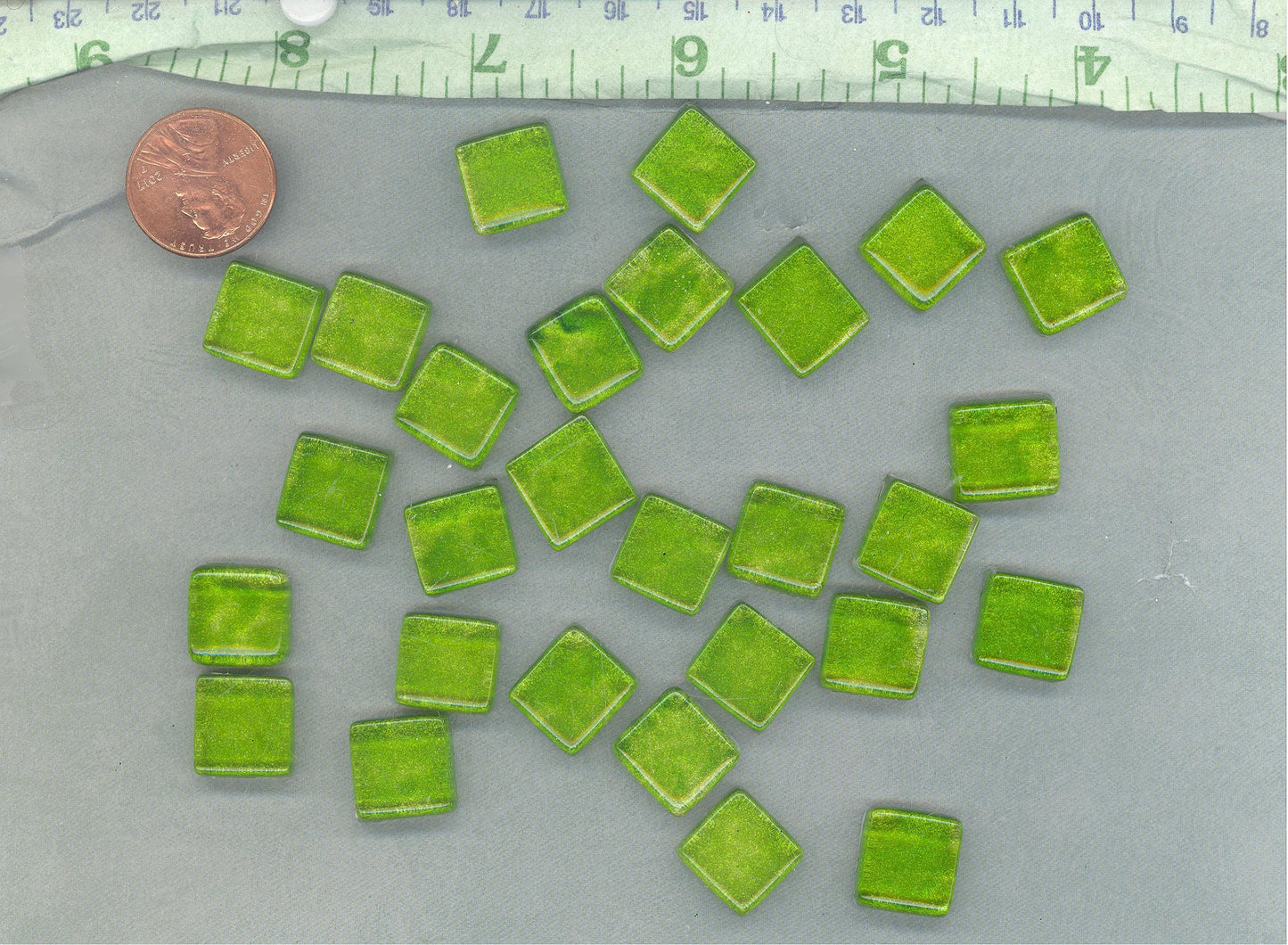 Tropical Lime Green Foil Square Crystal Tiles - 12mm - 50g - Approx 25 Metallic Glass Mosaic Tiles