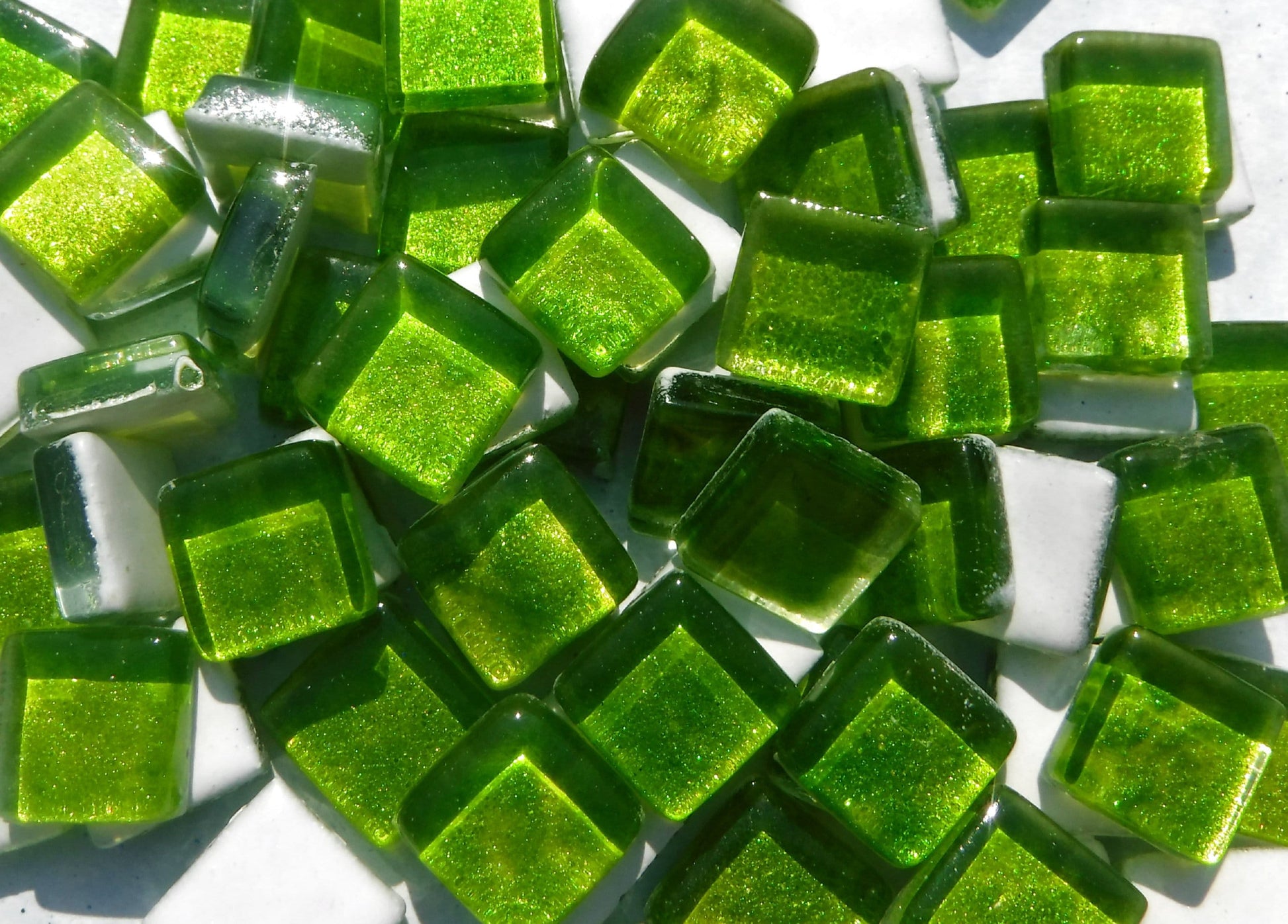 Tropical Lime Green Foil Square Crystal Tiles - 12mm - 50g - Approx 25 Metallic Glass Mosaic Tiles