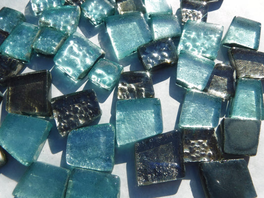 Teal and Silver Glass Tiles - Metallic Foil - Assorted Shapes - 50 grams Mosaic Tiles - Titania Frost