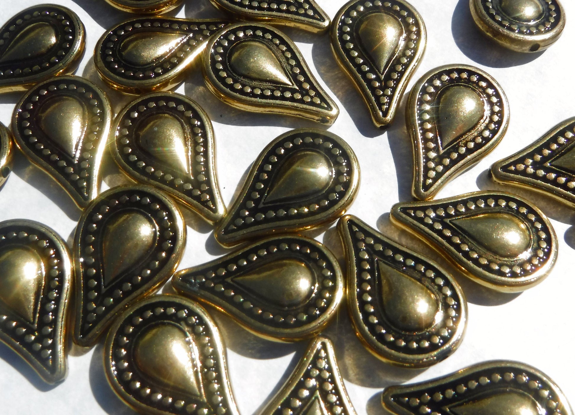 Large Metallic Tear Drop Beads - Gold-Toned 25mm Detailed Beads