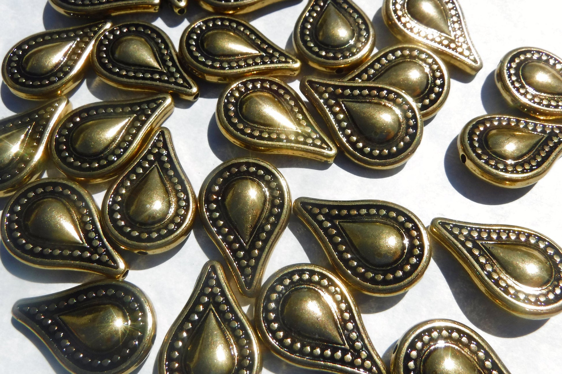 Large Metallic Tear Drop Beads - Gold-Toned 25mm Detailed Beads