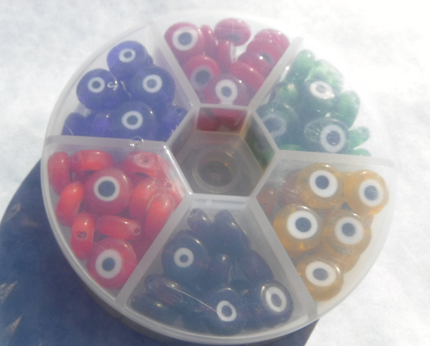 Evil Eye Glass Beads in Reusable Plastic Box - 10mm Use in Mosaics - Supplies to Create Glass Jewelry Round Flat Beads Multicolor