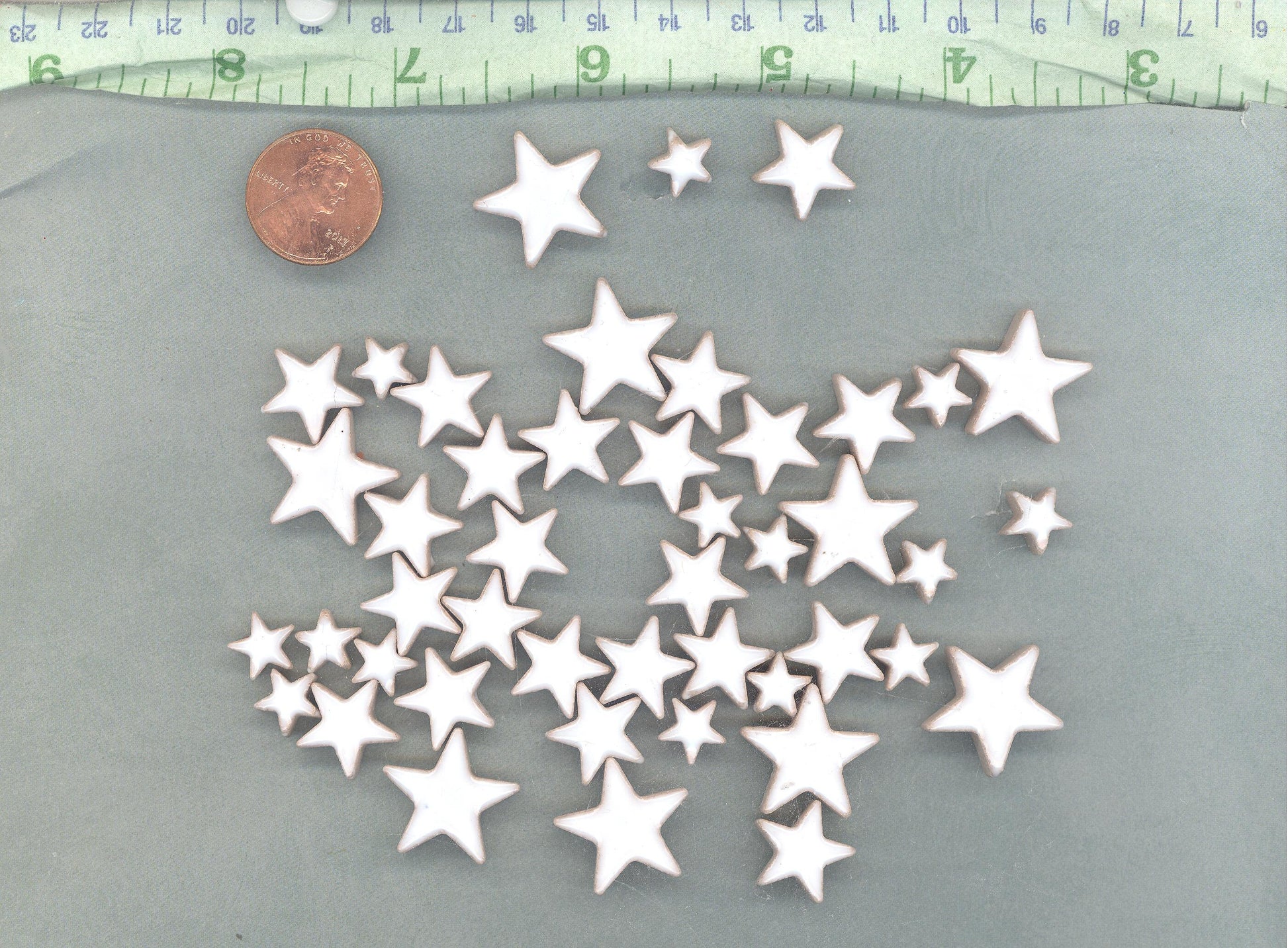 White Stars Mosaic Tiles - 50g Ceramic in Mix of 3 Sizes - 20mm, 15mm, 10mm