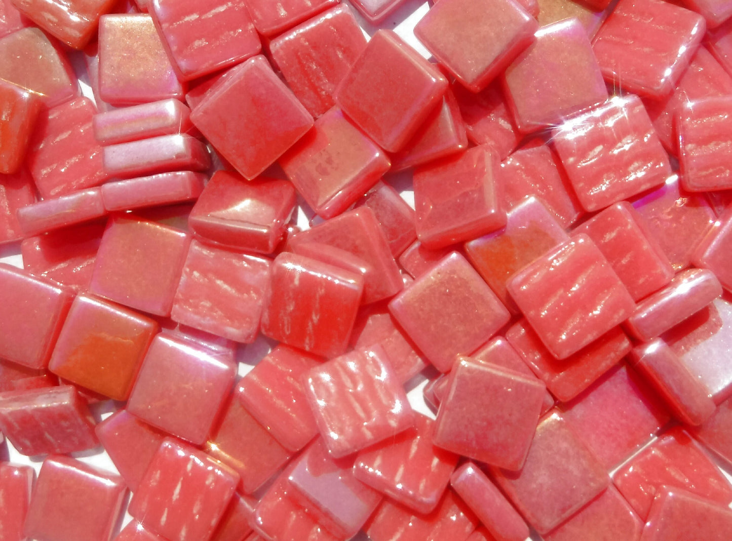 Watermelon Red Iridescent Glass Square Mosaic Tiles - 12mm - Opaque Glass Solid Color - 50g of Squares - Approx 35 Tiles