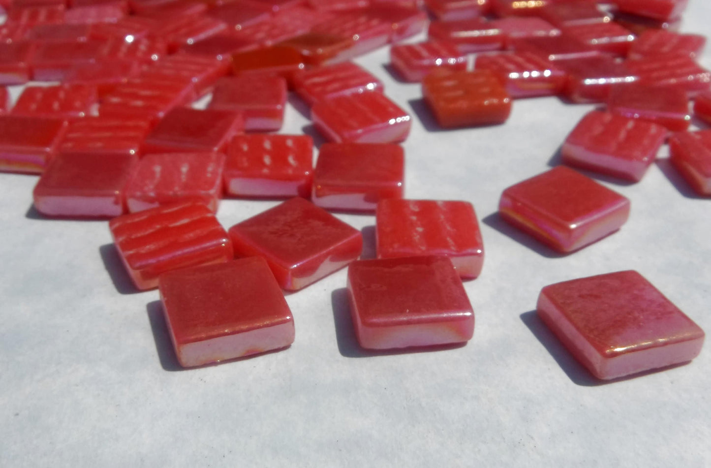 Watermelon Red Iridescent Glass Square Mosaic Tiles - 12mm - Opaque Glass Solid Color - 50g of Squares - Approx 35 Tiles