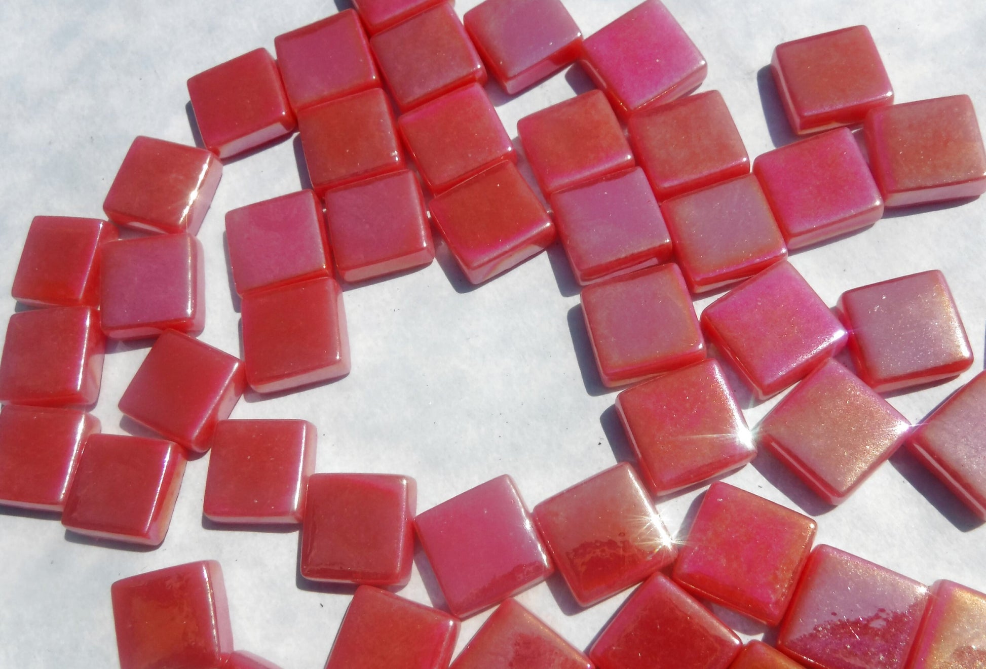 Watermelon Red Iridescent Glass Square Mosaic Tiles - 12mm - Opaque Glass Solid Color - 50g of Squares - Approx 35 Tiles