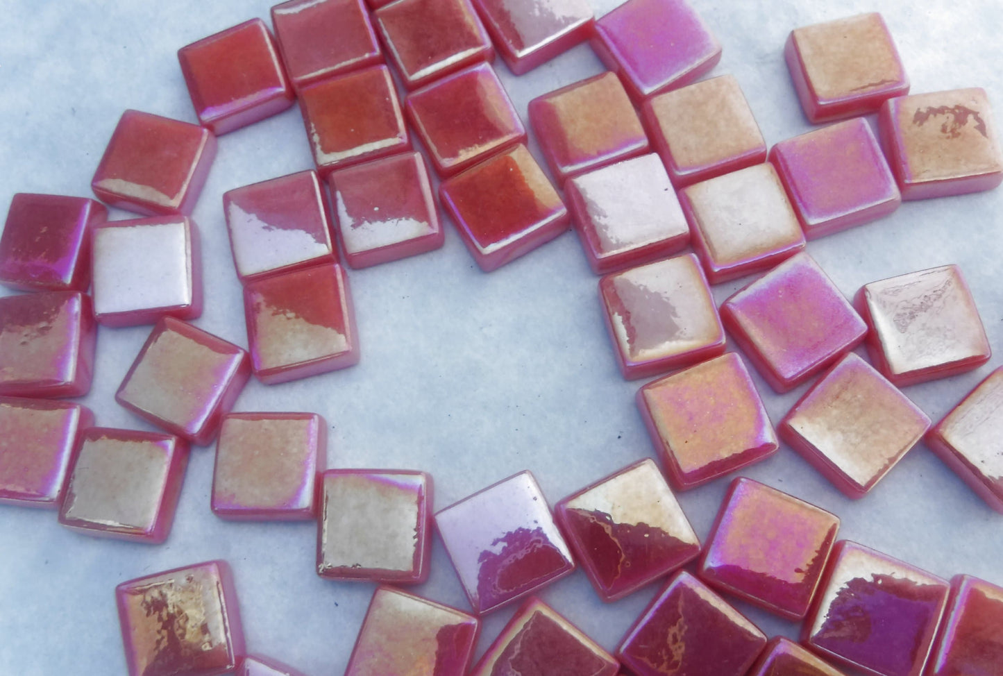 Watermelon Red Iridescent Glass Square Mosaic Tiles - 12mm - Opaque Glass Solid Color - 50g of Squares - Approx 35 Tiles