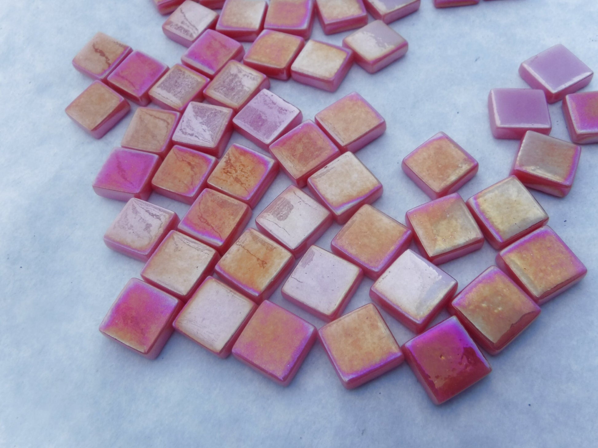 Watermelon Red Iridescent Glass Square Mosaic Tiles - 12mm - Opaque Glass Solid Color - 50g of Squares - Approx 35 Tiles