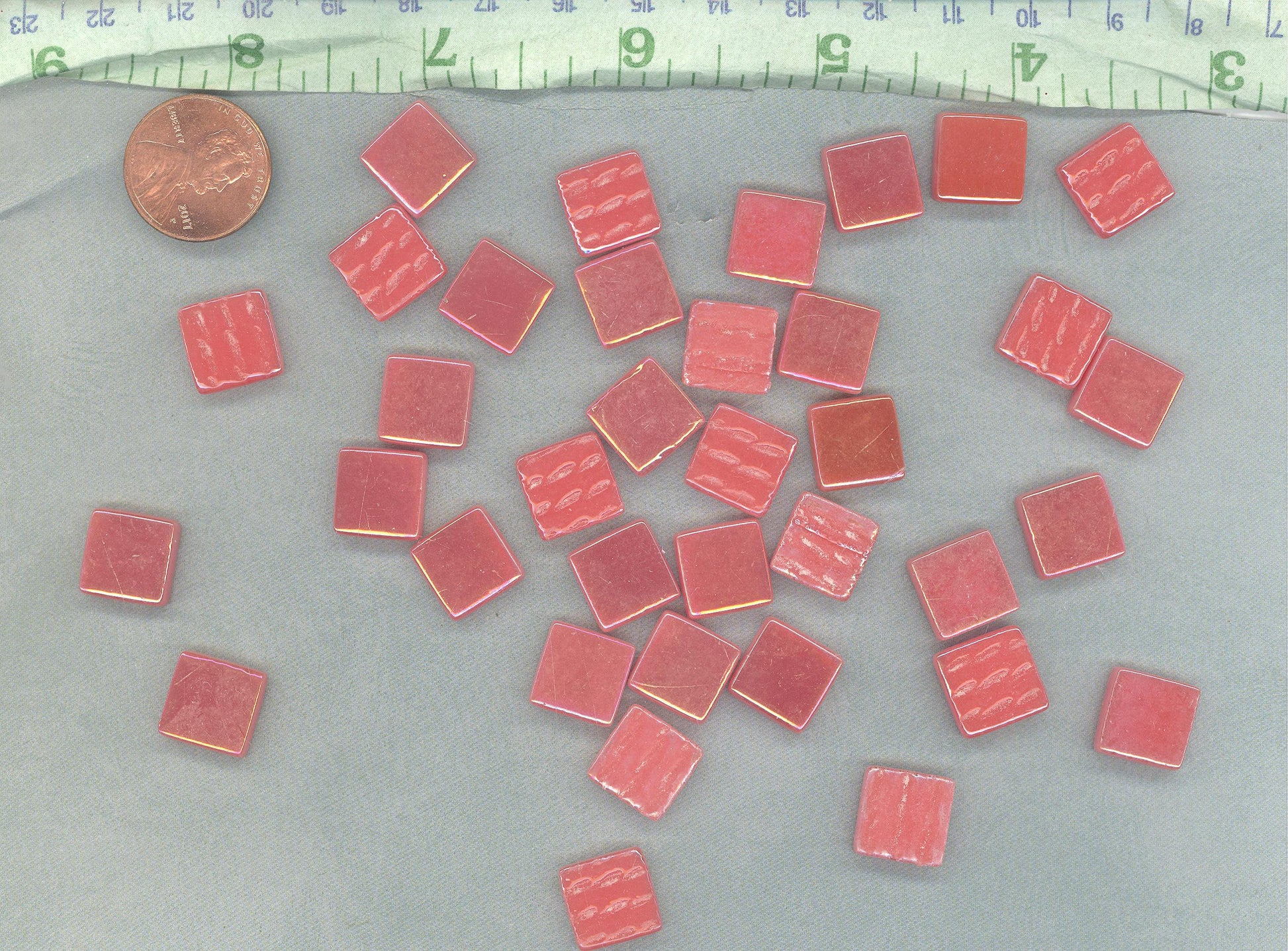 Watermelon Red Iridescent Glass Square Mosaic Tiles - 12mm - Opaque Glass Solid Color - 50g of Squares - Approx 35 Tiles