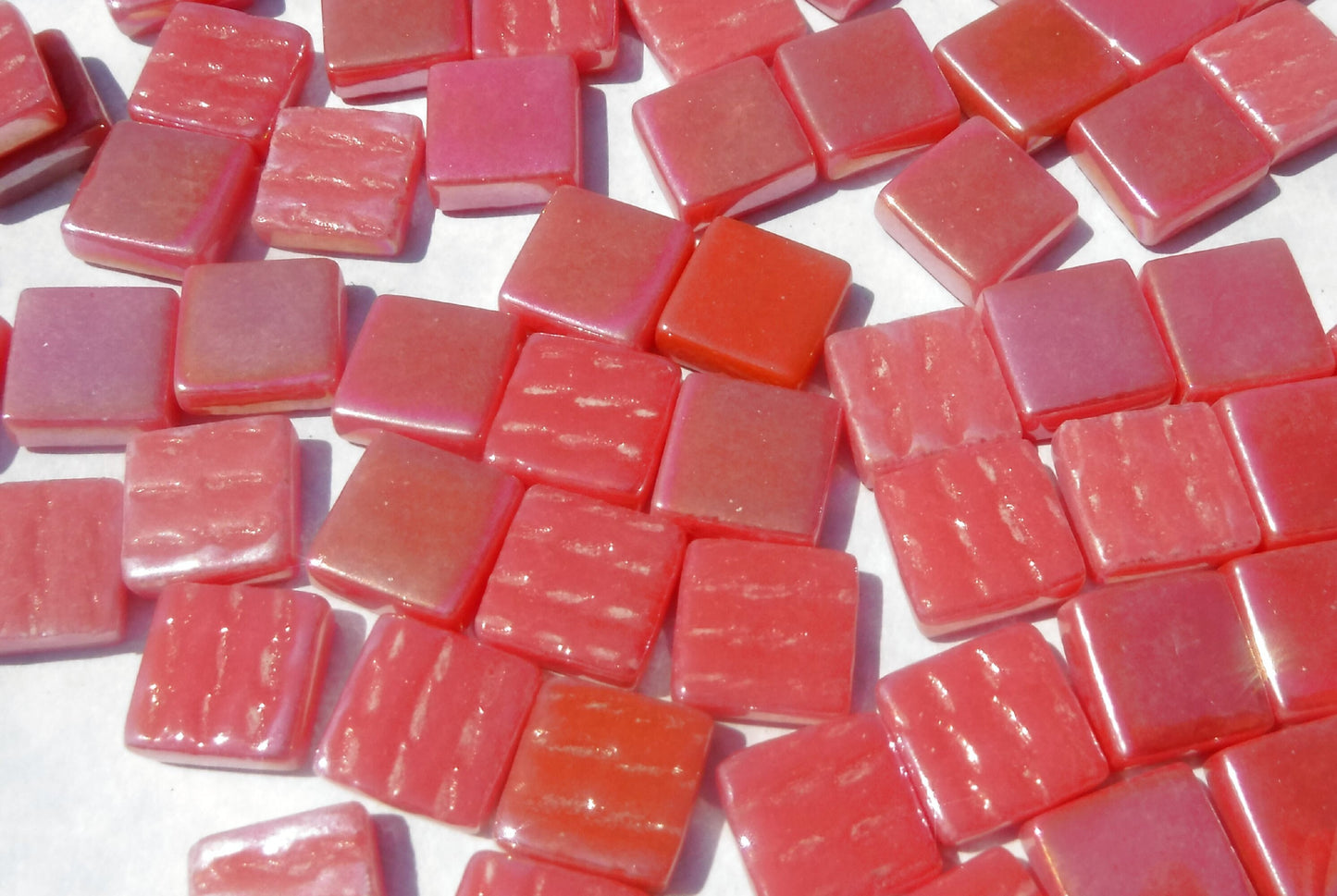 Watermelon Red Iridescent Glass Square Mosaic Tiles - 12mm - Opaque Glass Solid Color - 50g of Squares - Approx 35 Tiles