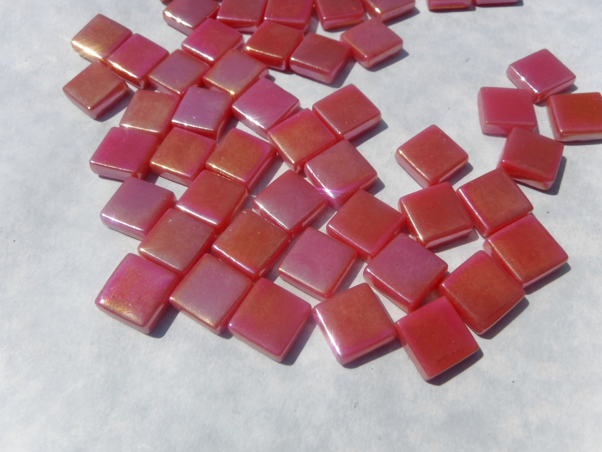 Watermelon Red Iridescent Glass Square Mosaic Tiles - 12mm - Opaque Glass Solid Color - 50g of Squares - Approx 35 Tiles