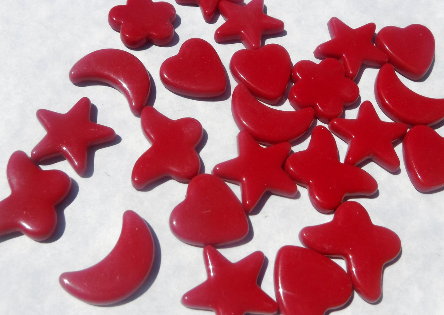 Red Glass Shapes - Stars Flowers Butterflies Hearts and Moons - Opaque Charms - 50g