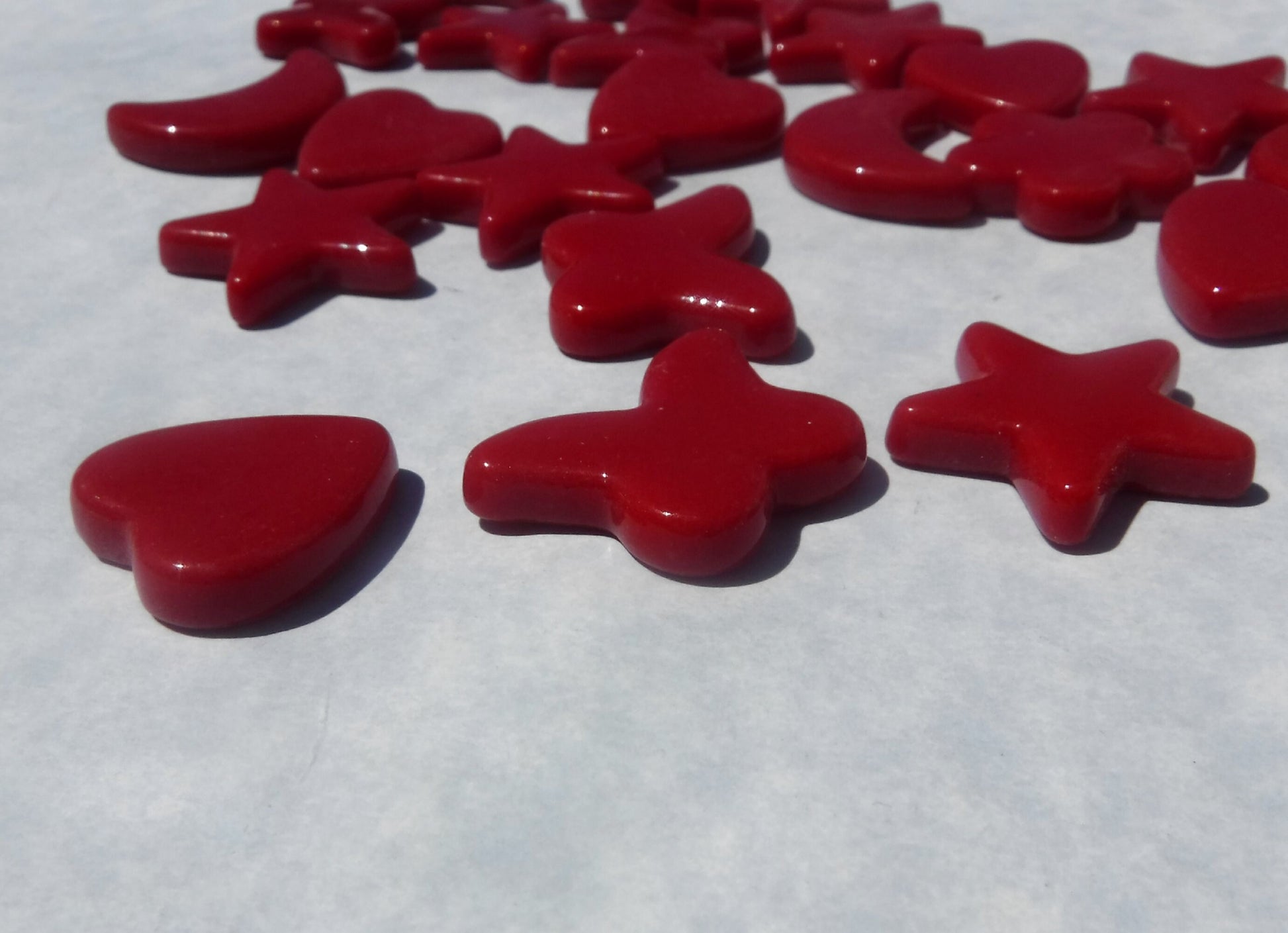 Red Glass Shapes - Stars Flowers Butterflies Hearts and Moons - Opaque Charms - 50g