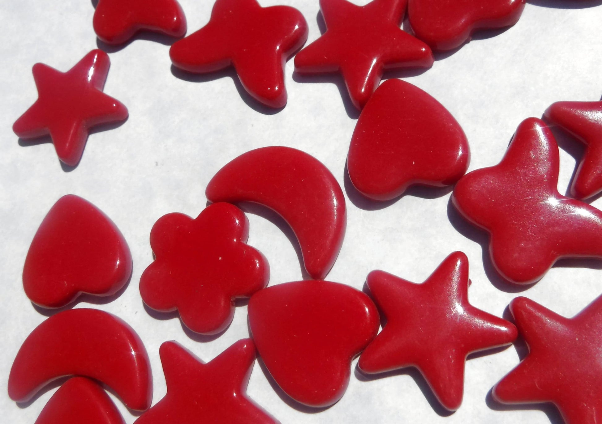 Red Glass Shapes - Stars Flowers Butterflies Hearts and Moons - Opaque Charms - 50g